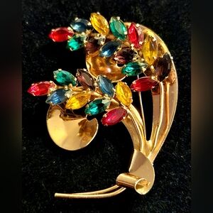 Vintage 1940s Coro Sterling Gold Vermeil Brooch with Uranium Glass Rhinestones